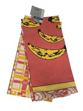 LOT of 2 Kitchen Tea Towels Pop Art Style Banana Bananas Set FUN Pink Yellow NEW